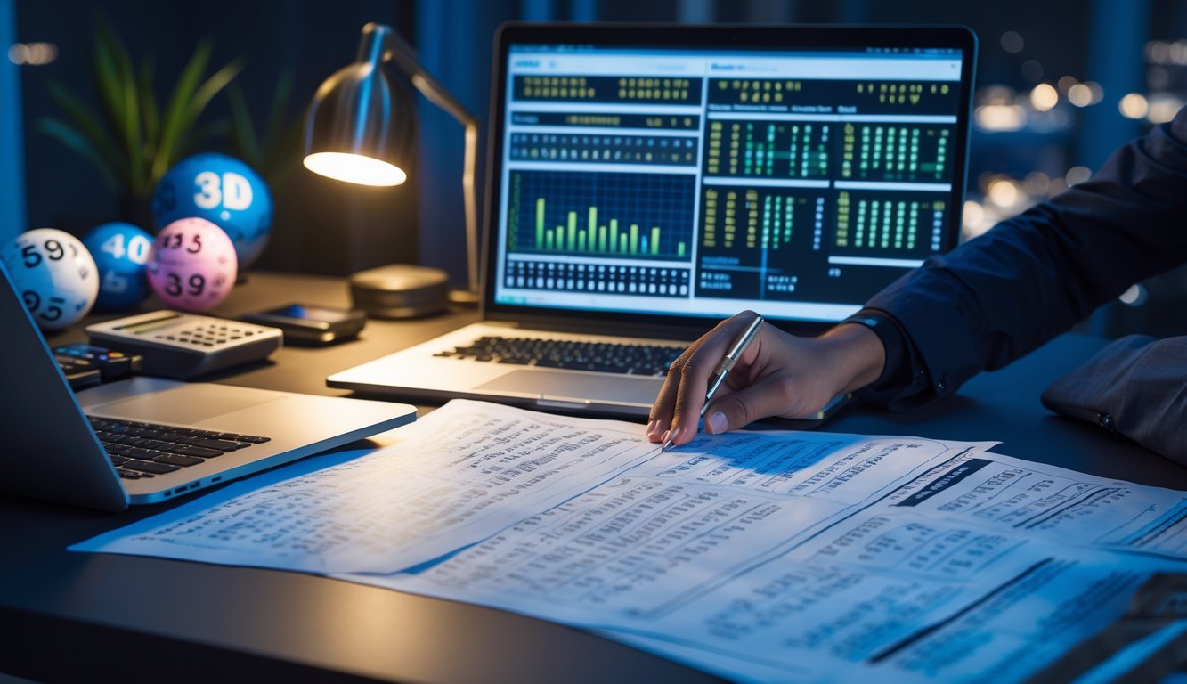 Seorang profesional sedang menganalisis data angka togel malam hari di depan laptop dan kertas dengan alat tulis di meja.