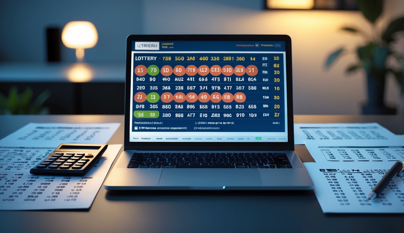 Meja kerja dengan laptop, kertas angka, kalkulator, dan pena yang menunjukkan suasana analisis prediksi angka togel di malam hari.