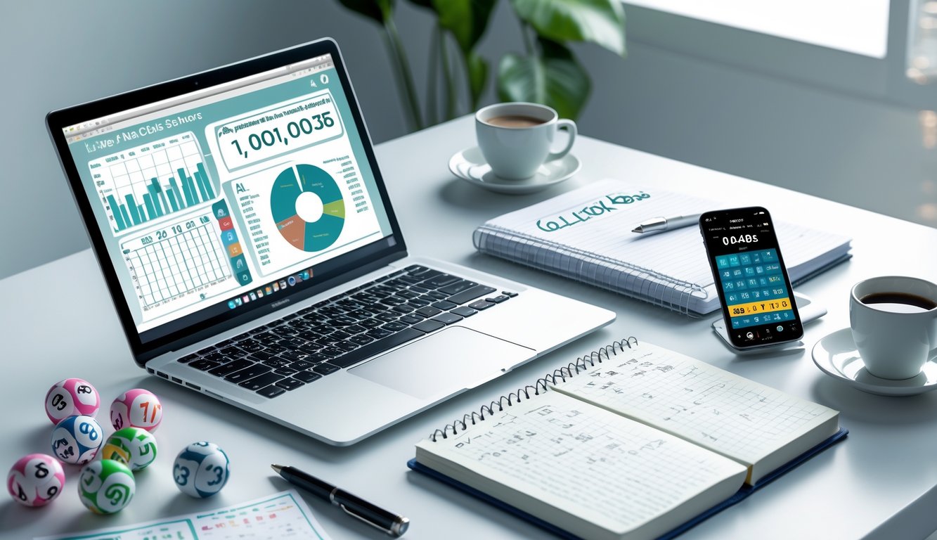 Meja kerja dengan laptop, buku catatan, dan bola lotere yang tersebar, menggambarkan aktivitas prediksi angka togel hari ini.