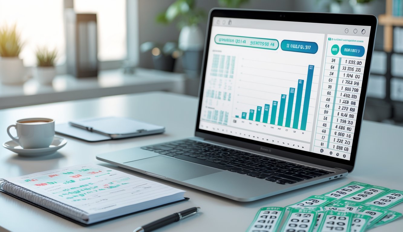 Meja kerja dengan laptop menampilkan grafik angka, tiket togel 4D 3D 2D, dan catatan strategi di lingkungan kantor yang rapi.