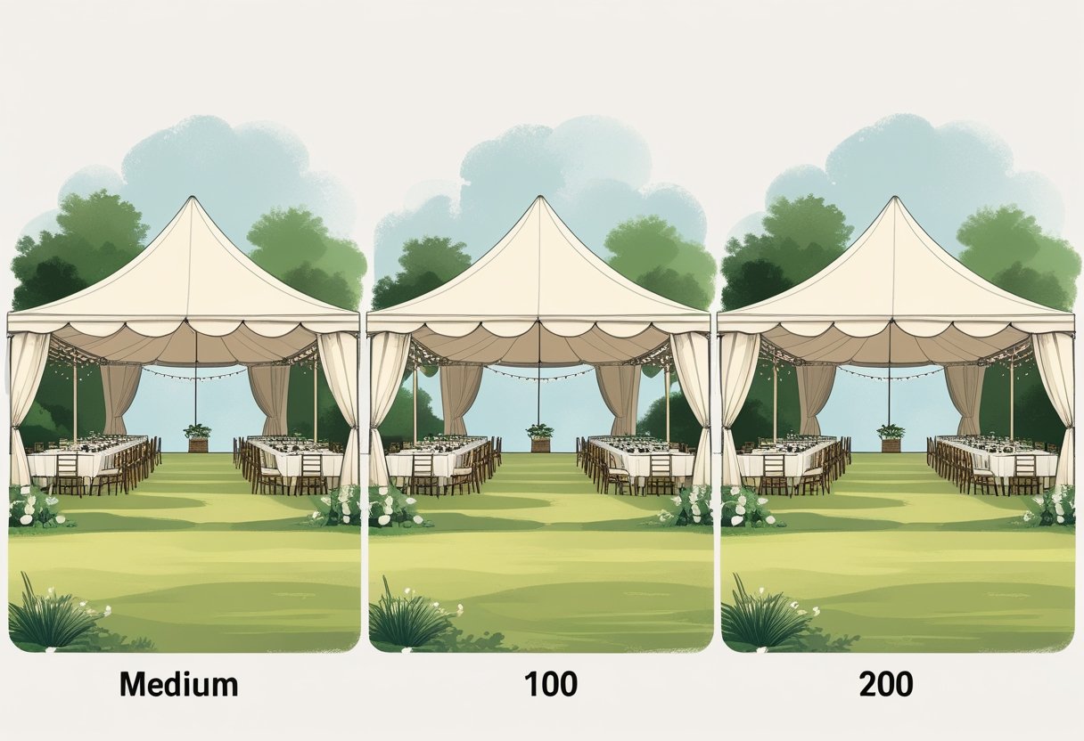 Three different sized tents set outdoors, each showing seating arrangements suitable for 50, 100, and 200 guests respectively.