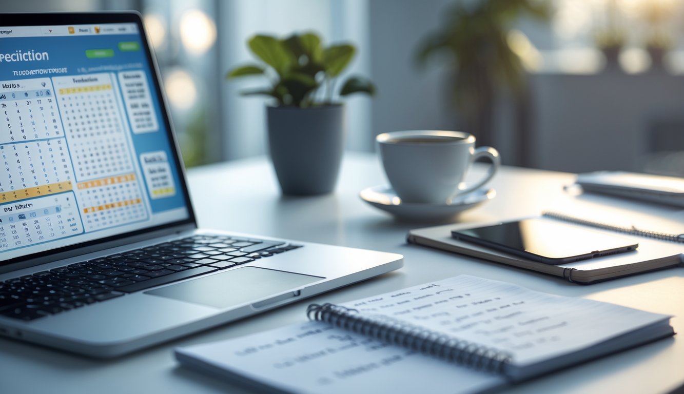 Meja kerja dengan laptop, catatan, dan ponsel yang menampilkan angka prediksi lotre, dengan latar belakang tanaman dan cangkir kopi.