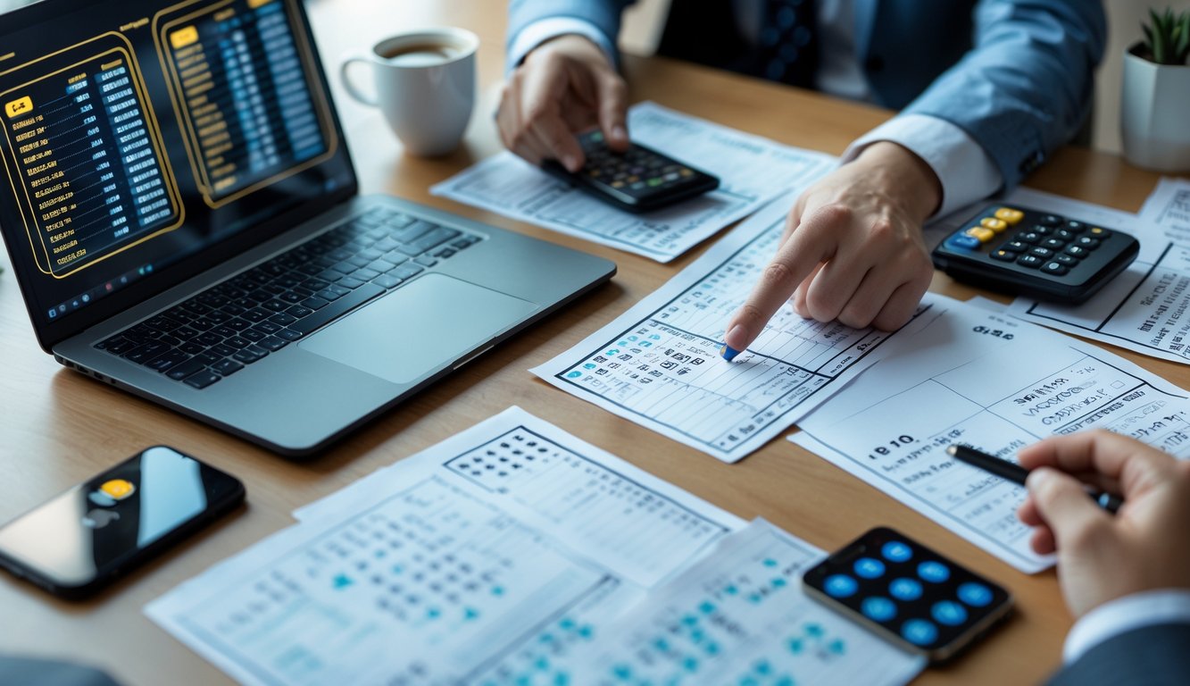 Meja kerja dengan laptop, kertas catatan, tangan yang menunjuk layar, dan alat tulis untuk analisis prediksi togel.