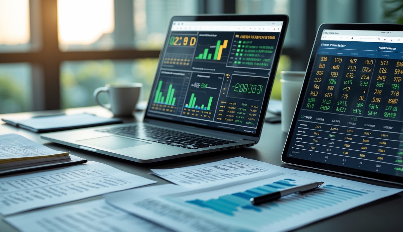 Meja kerja dengan perangkat digital dan dokumen yang menampilkan data dan grafik prediksi angka togel.