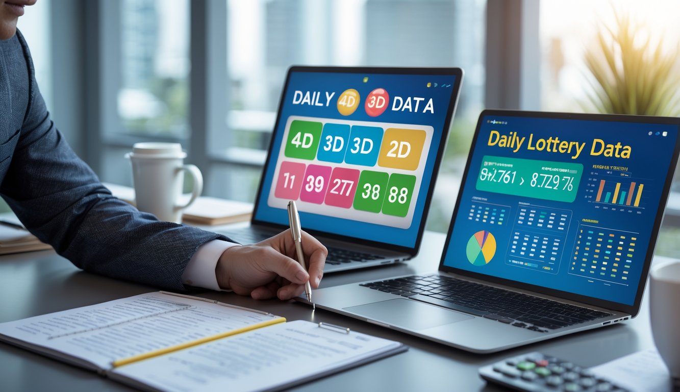 Seseorang sedang menganalisis data togel harian di meja kerja dengan perangkat digital dan alat tulis.