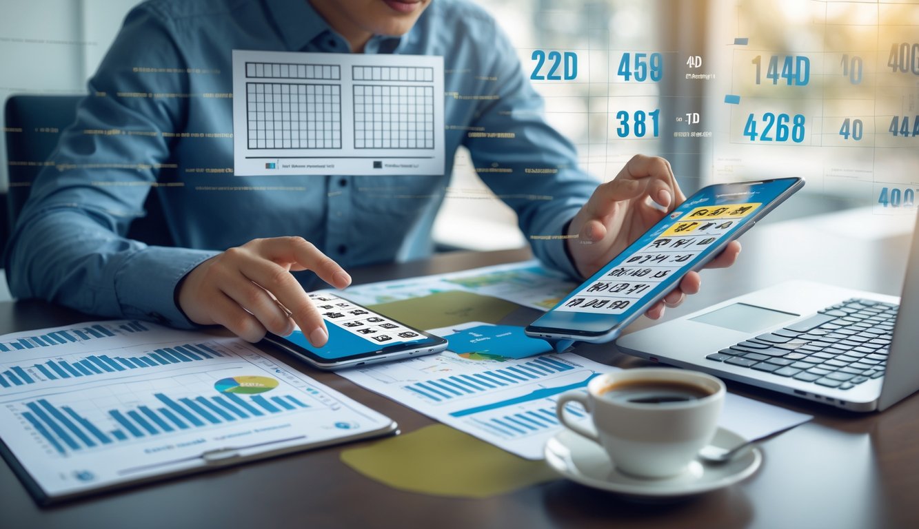Seseorang sedang menganalisis angka lotere dengan tablet dan kertas di meja kerja yang rapi.