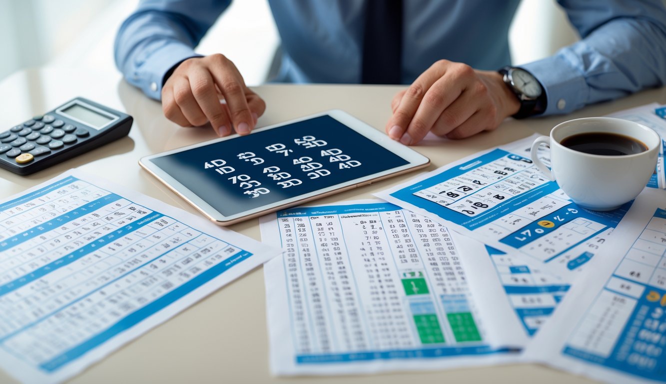 Seseorang sedang menganalisis angka togel pada tablet dan kertas di atas meja dengan kalkulator dan cangkir kopi.