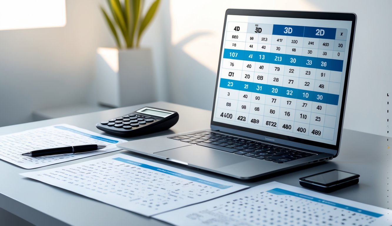Meja kerja dengan laptop yang menampilkan data angka dan grafik, kertas dengan rumus dan angka, kalkulator, dan pena di atasnya.