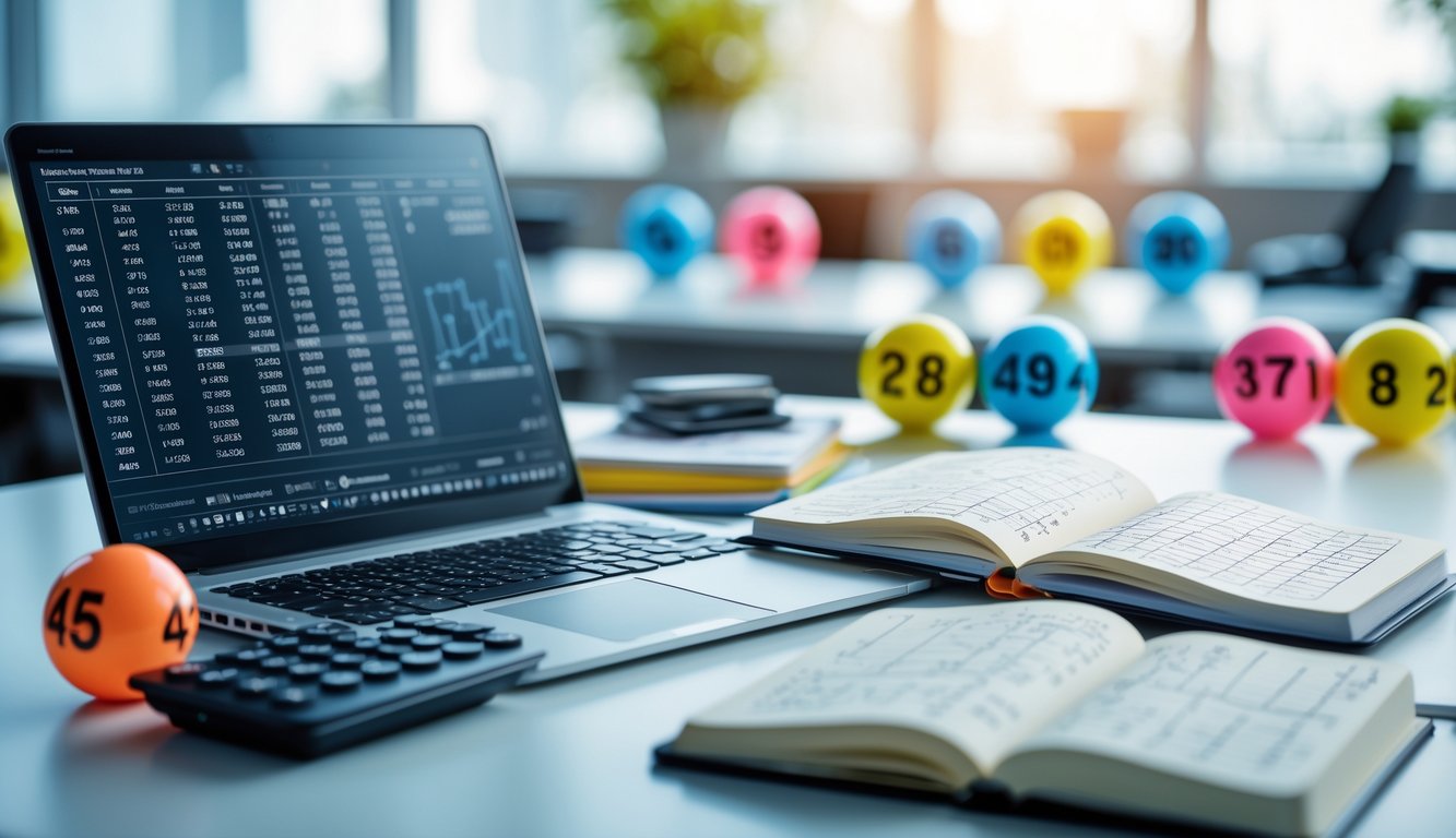 Sebuah meja kerja modern dengan laptop, catatan, kalkulator, dan bola lotere berwarna dengan angka, di ruang kantor terang dan rapi.