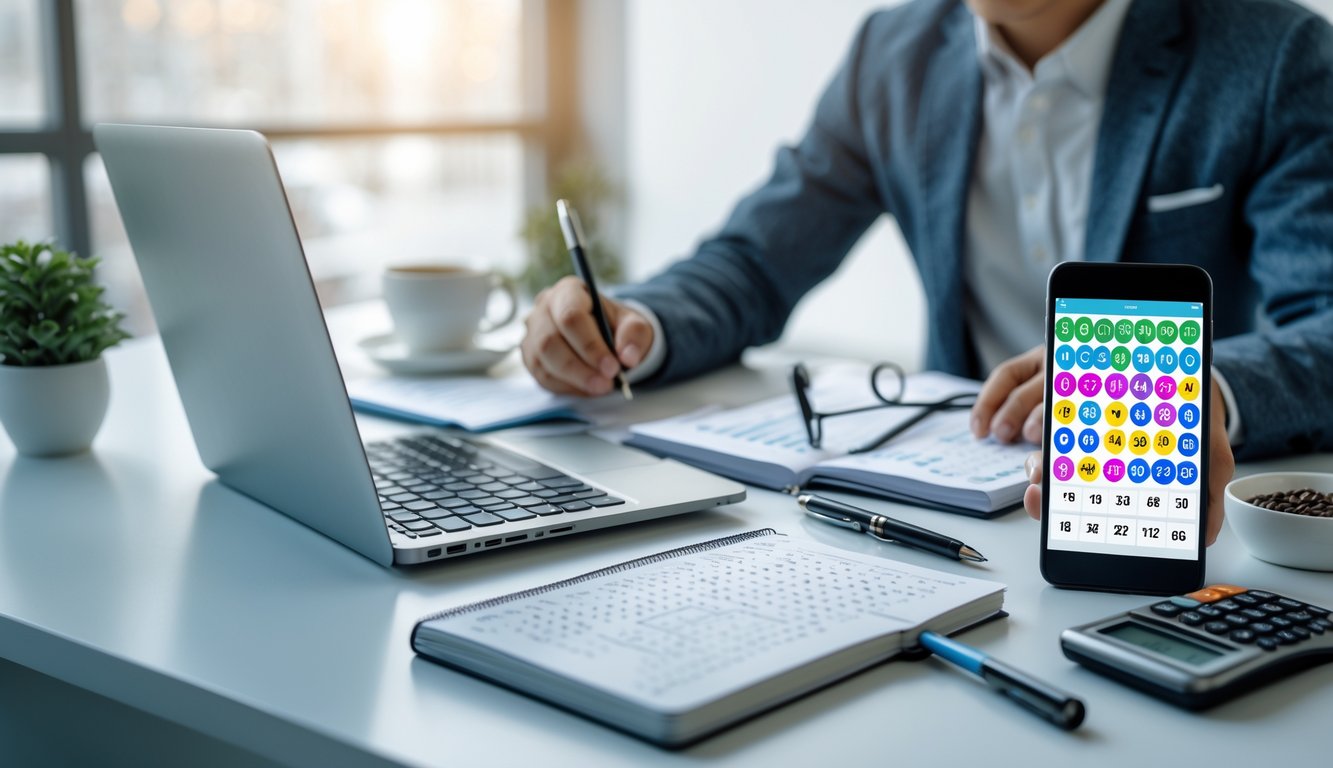 Seorang pria sedang bekerja di meja dengan laptop, buku catatan, dan ponsel, fokus menganalisis angka untuk prediksi togel malam ini.