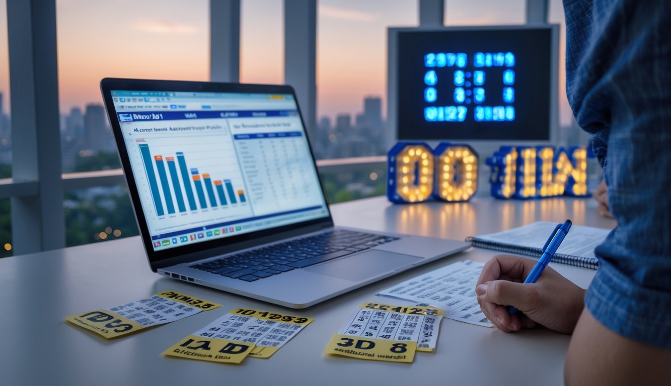 Seorang pria sedang menganalisis data angka togel di meja kerja dengan laptop, buku catatan, dan tiket togel di sekitarnya.
