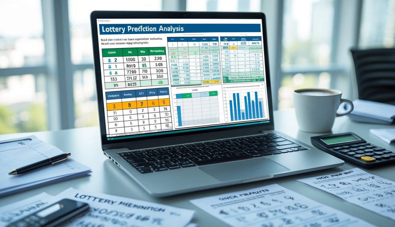 Seorang profesional sedang bekerja di meja dengan laptop, kertas catatan, dan kalkulator, fokus pada analisis prediksi angka togel.