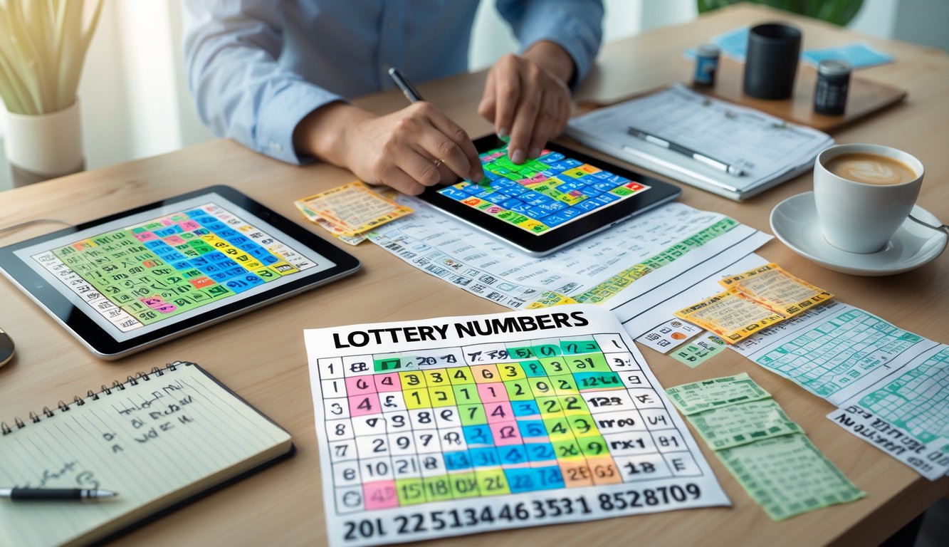 Seseorang sedang menganalisis angka togel dengan tiket dan perangkat digital di atas meja kerja.