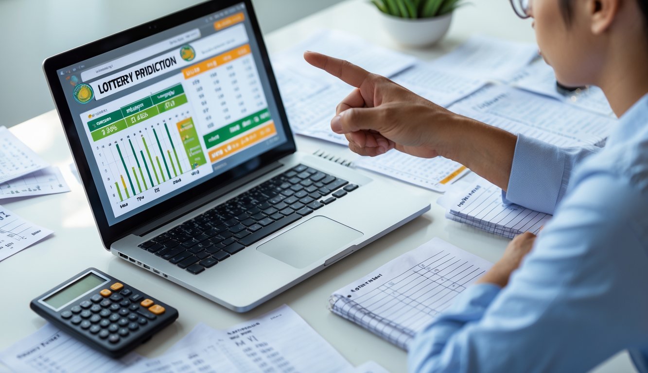 Seseorang sedang menganalisis strategi prediksi angka togel di meja kerja dengan laptop, catatan, dan kalkulator.