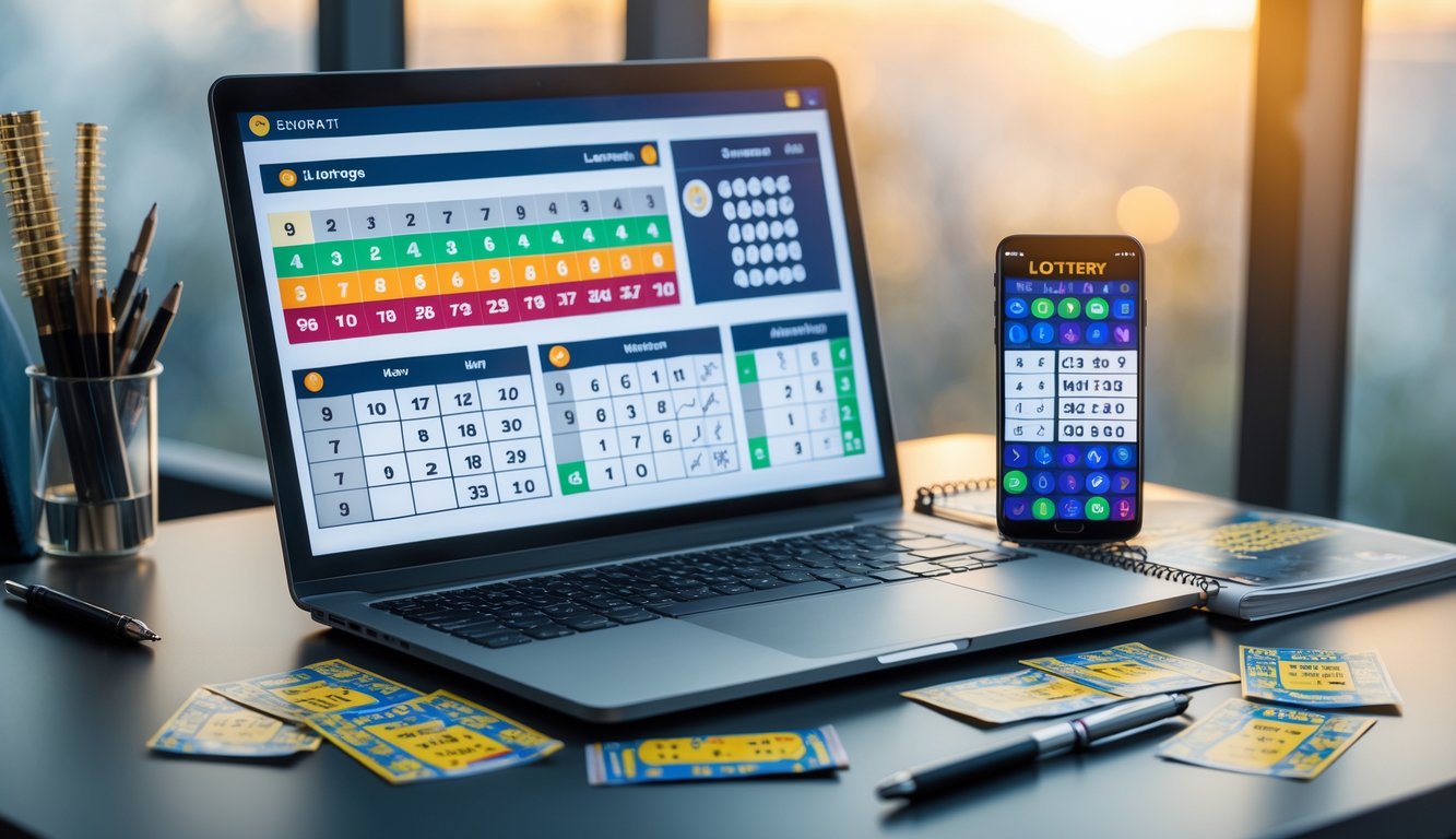 Meja kerja dengan laptop, catatan, dan tiket togel, menunjukkan suasana analisis strategi angka togel.