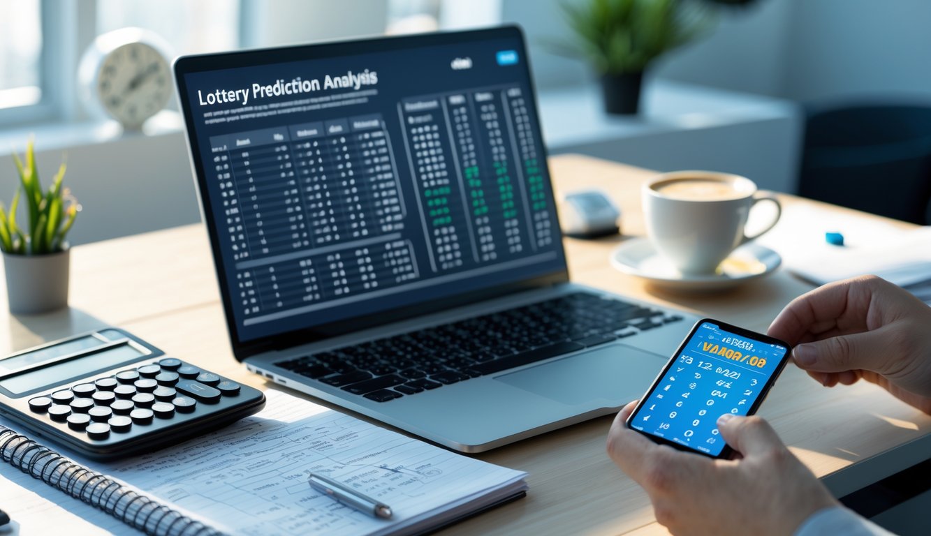 Meja kerja modern dengan laptop, kalkulator, dan catatan berisi perhitungan angka lotre, dikelilingi alat tulis dan kopi di ruang kantor yang rapi.