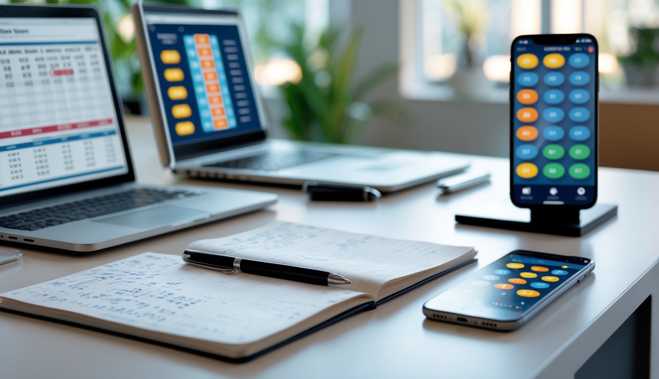 Meja kerja modern dengan laptop, catatan, dan ponsel yang menampilkan data prediksi togel.