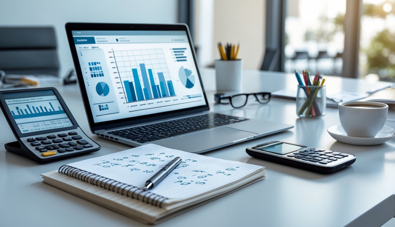 Meja kerja dengan laptop, kalkulator, dan catatan angka yang sedang dianalisis.