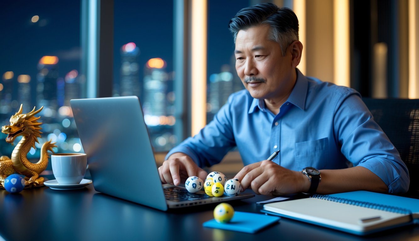 Seorang pria Asia Tenggara duduk di meja modern sambil melihat layar laptop pada malam hari dengan pemandangan kota di belakangnya.