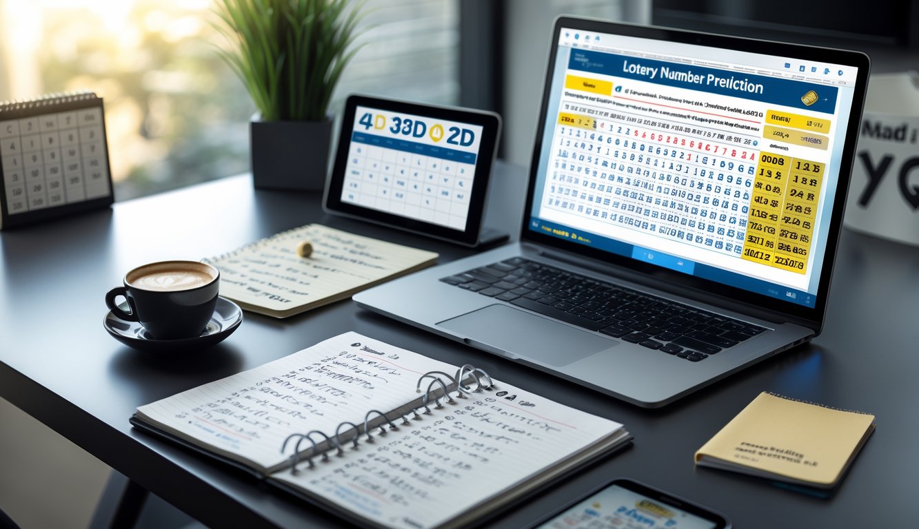 Meja kerja dengan laptop yang menampilkan grafik dan angka, buku catatan dengan tulisan tangan, dan secangkir kopi, menggambarkan suasana fokus dan persiapan untuk permainan togel.
