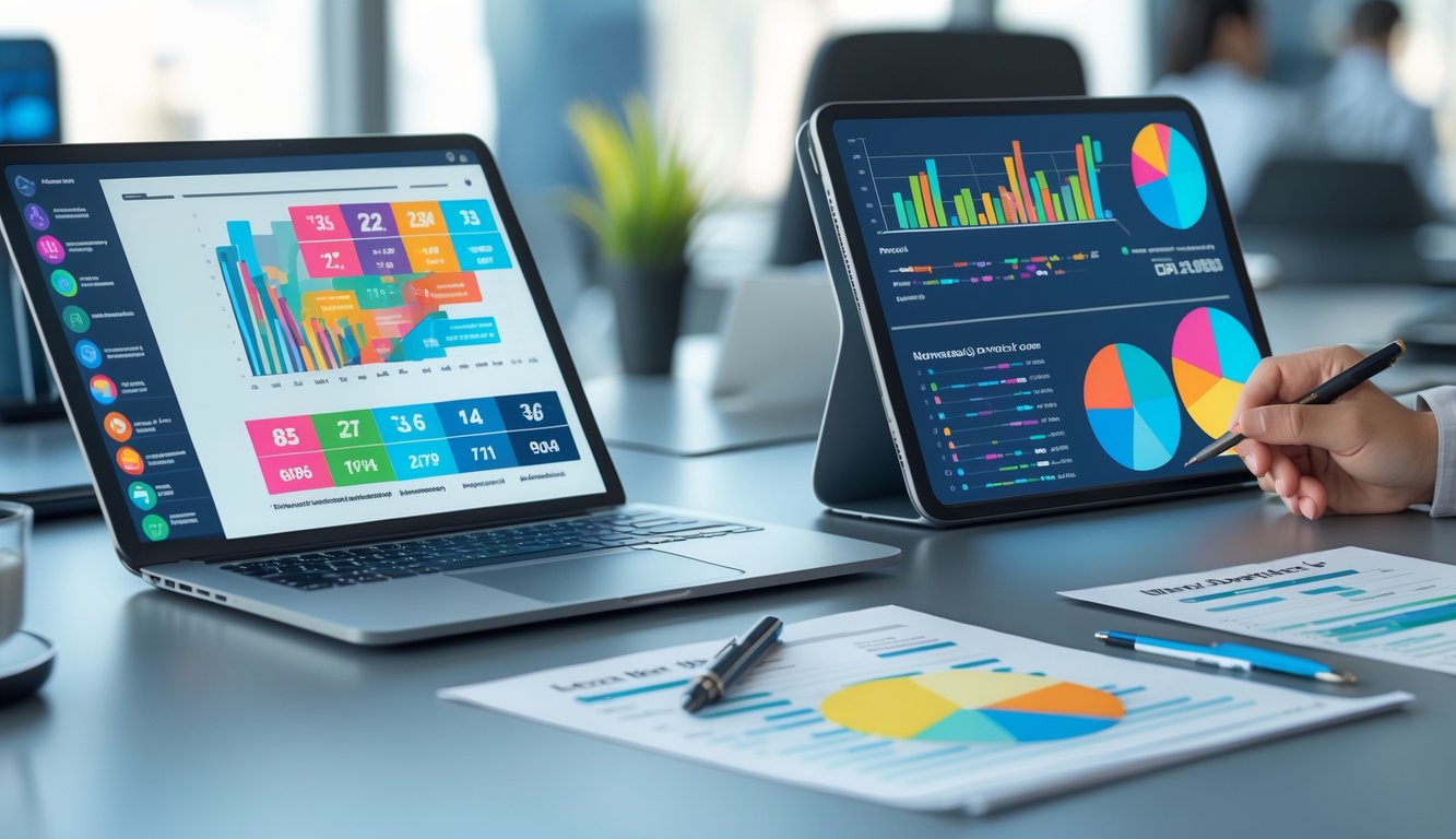 Meja kerja modern dengan perangkat digital menampilkan grafik dan data angka, serta kertas dan pena di atas meja di sebuah kantor yang terang.