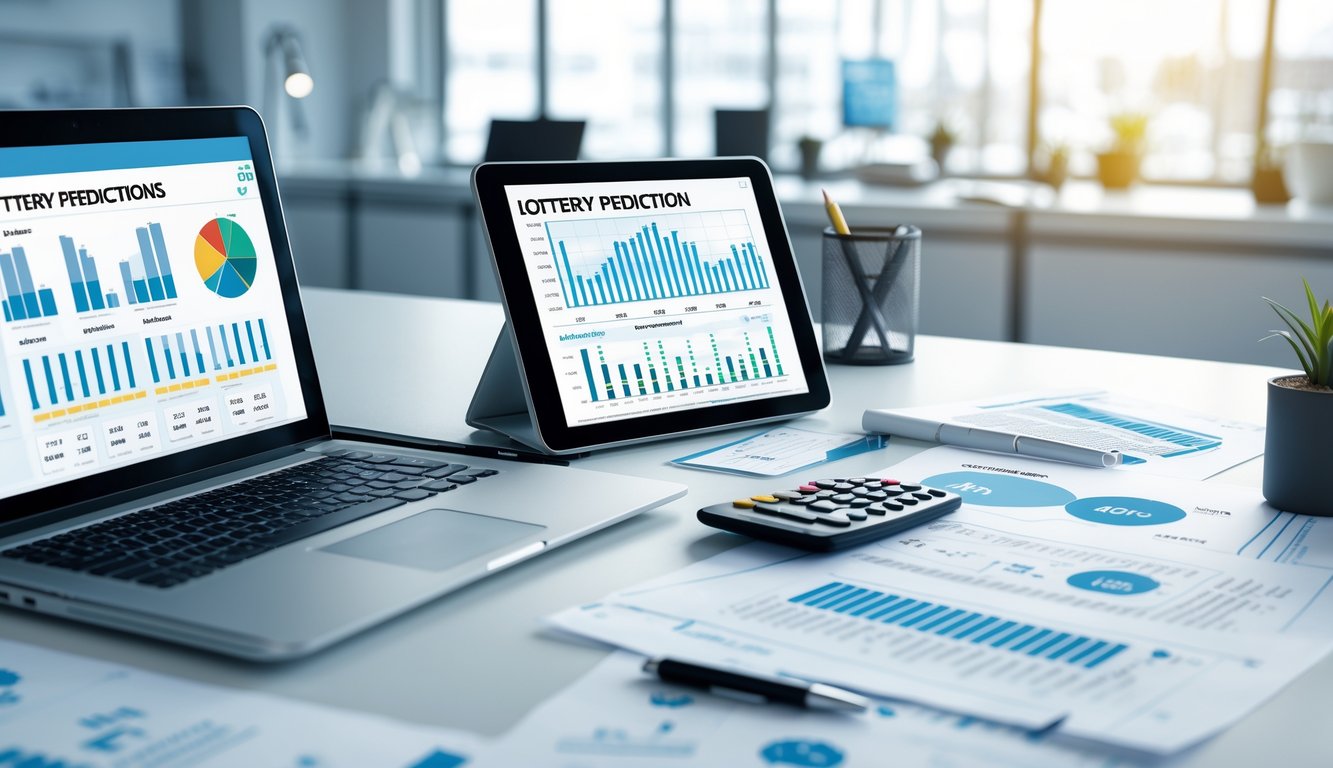 Meja kerja dengan perangkat digital dan kertas berisi grafik dan angka untuk analisis prediksi togel.