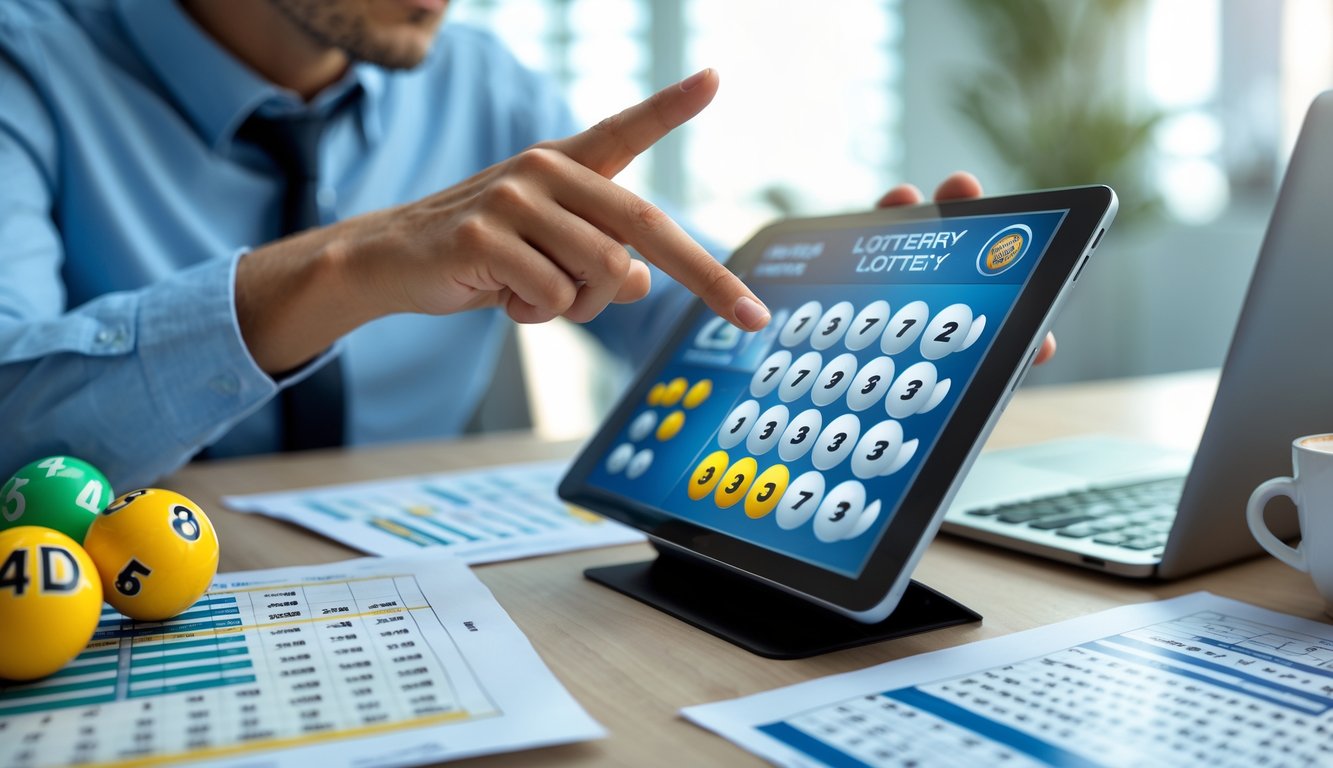 Seseorang sedang menganalisis angka togel dengan tablet dan kertas di meja kerja.