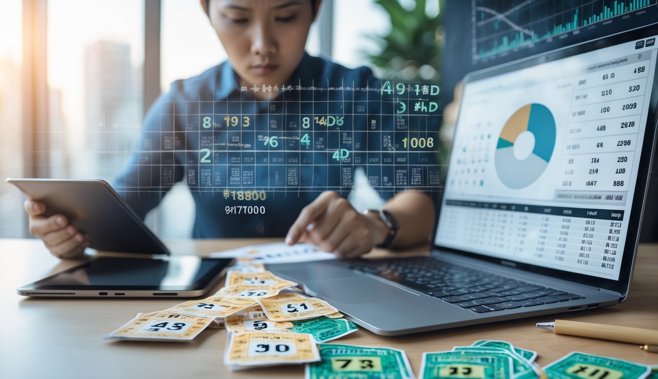 Seseorang sedang menganalisis angka dan grafik di meja kerja dengan tiket togel dan alat tulis.