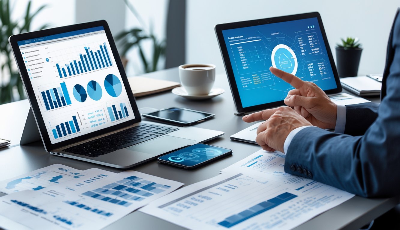 Meja kerja dengan perangkat digital dan kertas berisi data dan grafik, seseorang sedang menganalisis angka dan data.