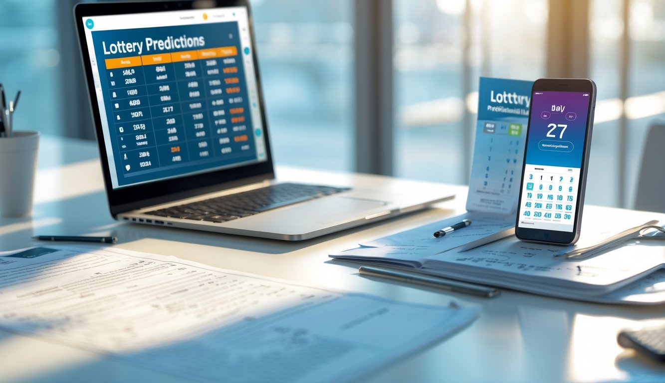 Sebuah meja kerja modern dengan laptop, ponsel, dan catatan yang menunjukkan aktivitas prediksi togel.
