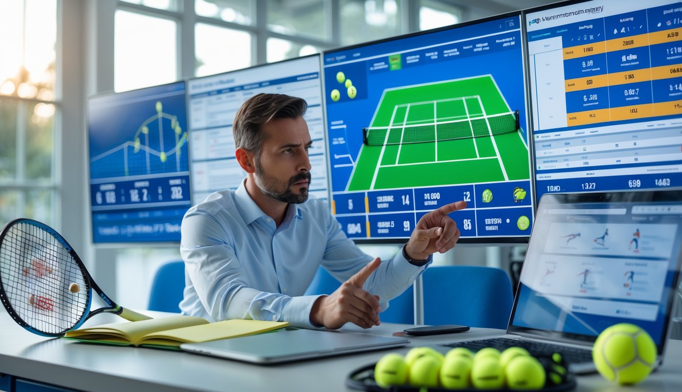Seorang analis tenis sedang mempelajari statistik dan diagram pertandingan tenis di ruang kerja dengan peralatan tenis di meja.