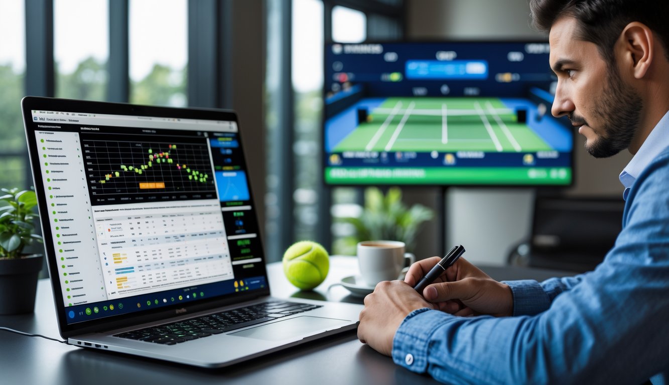 Seorang analis olahraga sedang bekerja dengan laptop dan layar digital menampilkan statistik tenis dan grafik analisis pemain di sebuah meja dengan peralatan tenis.