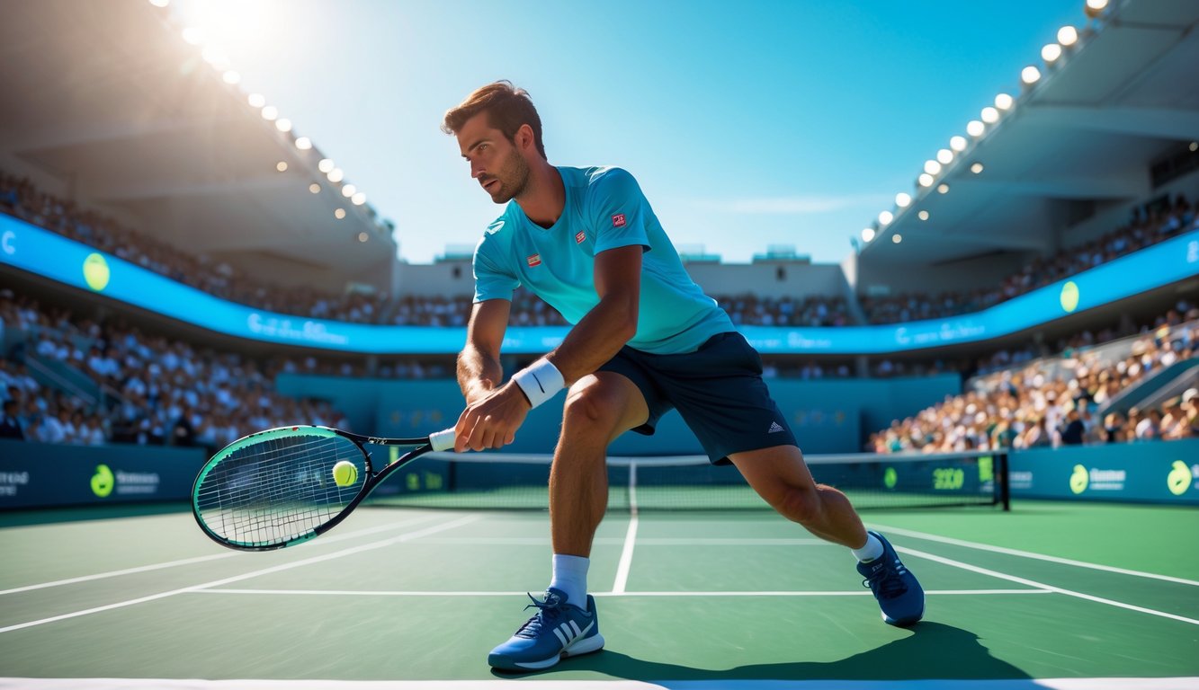 Seorang pemain tenis pria sedang bersiap melakukan servis di lapangan tenis dengan penonton ramai di stadion.
