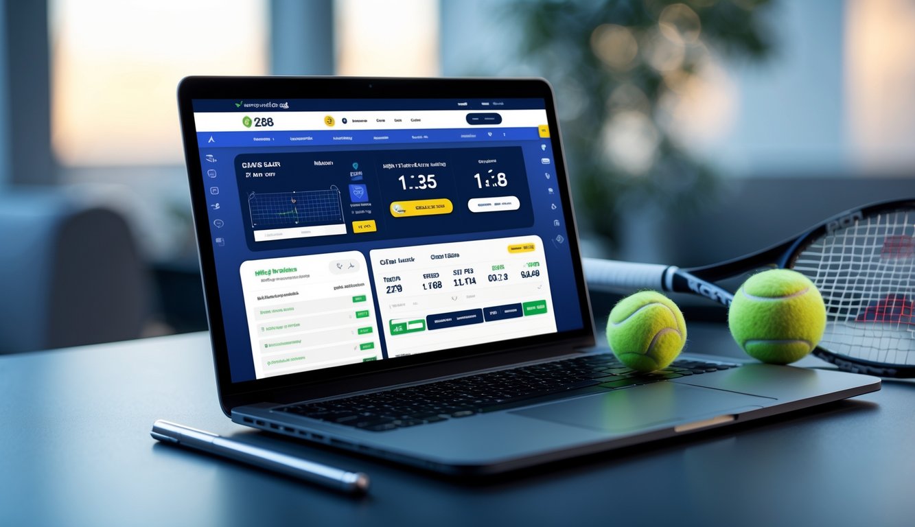 Sebuah meja kerja dengan laptop yang menampilkan situs taruhan tenis online, bola tenis, raket tenis, dan ponsel dengan aplikasi taruhan terbuka.