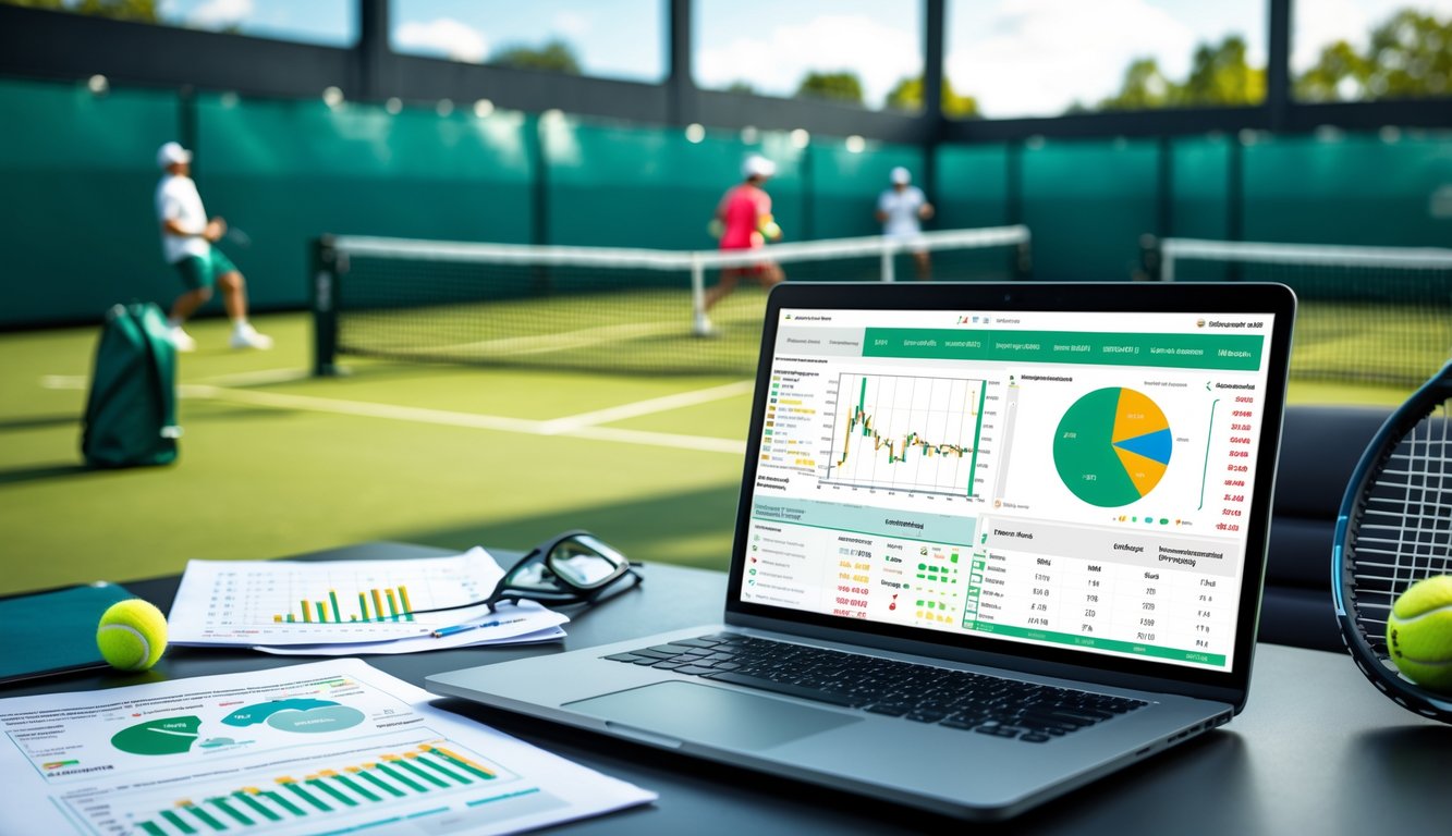 Seorang analis tenis sedang melihat statistik pertandingan tenis di laptop dengan layar besar menampilkan pertandingan tenis langsung di latar belakang.