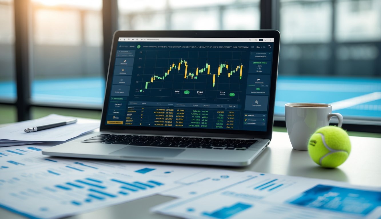 Meja kerja dengan laptop yang menampilkan statistik pertandingan tenis, kertas catatan, bola tenis, dan cangkir kopi dengan latar belakang lapangan tenis.