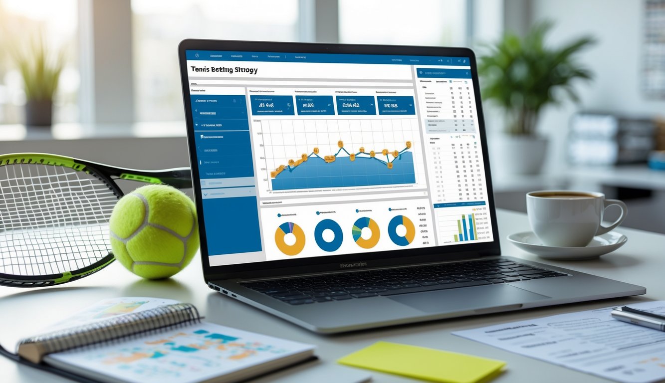 Meja kerja dengan laptop yang menampilkan statistik tenis, bola tenis, raket, dan buku catatan analisis olahraga di ruangan terang.