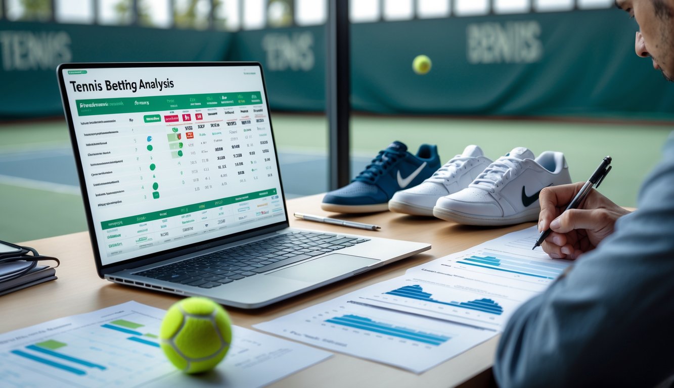 Seorang pria menganalisis data taruhan tenis di depan laptop dengan grafik perbandingan pemain, di meja terdapat bola tenis dan sepatu tenis, latar belakang terlihat lapangan tenis melalui jendela.