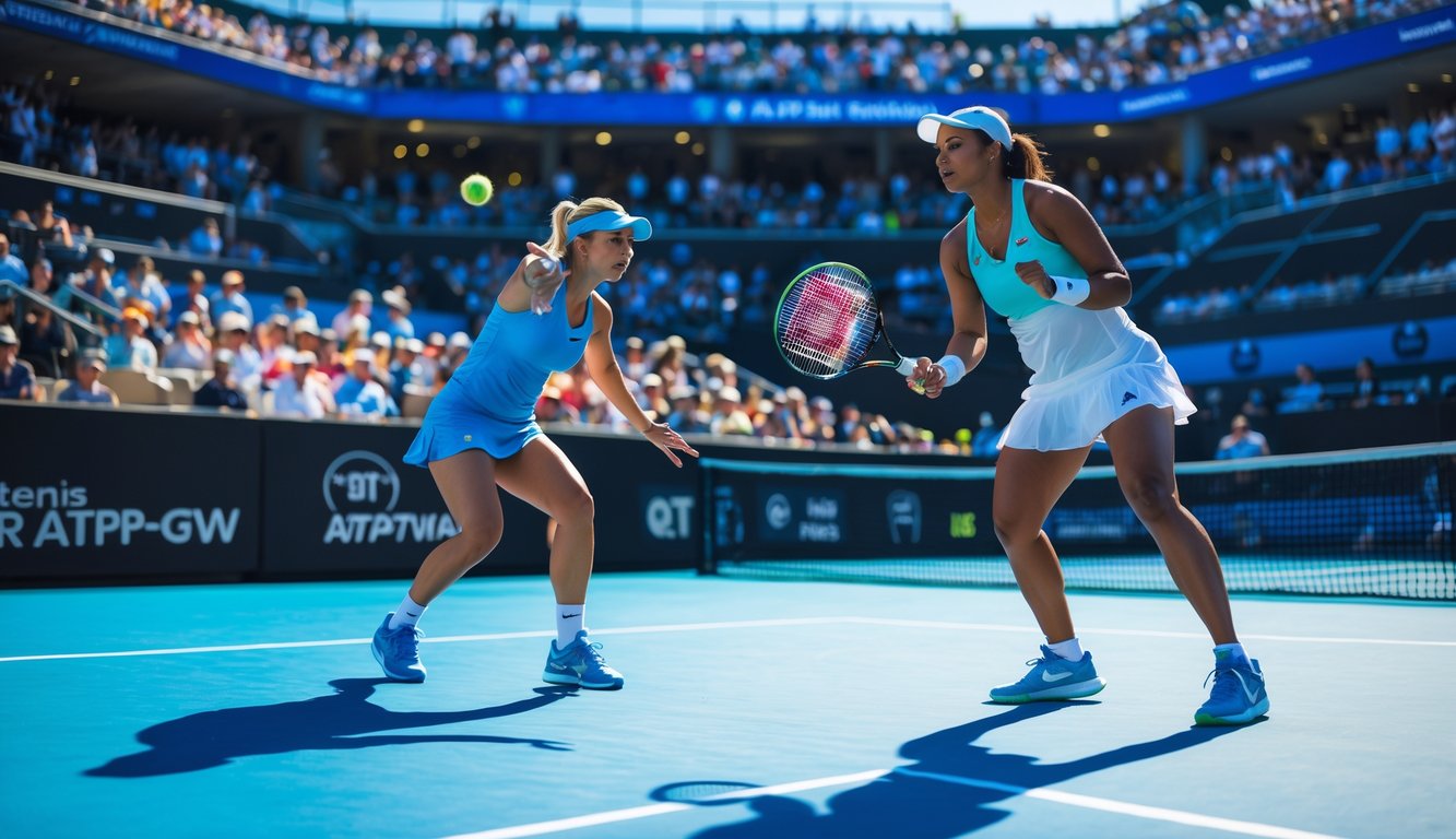 Pertandingan tenis intens antara pemain pria dan wanita di lapangan biru dengan penonton di stadion besar.