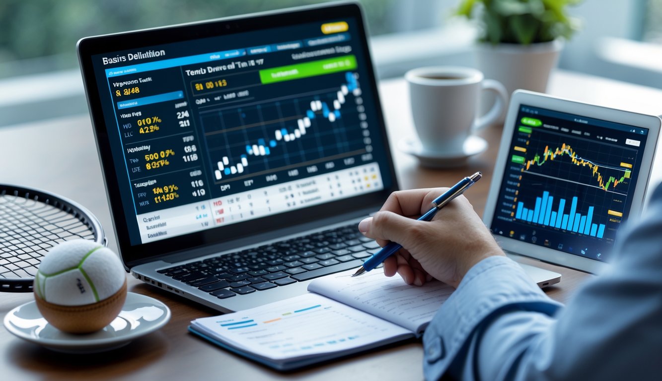 Seseorang sedang menganalisis data taruhan tenis online di depan laptop dan tablet dengan perlengkapan tenis di meja.