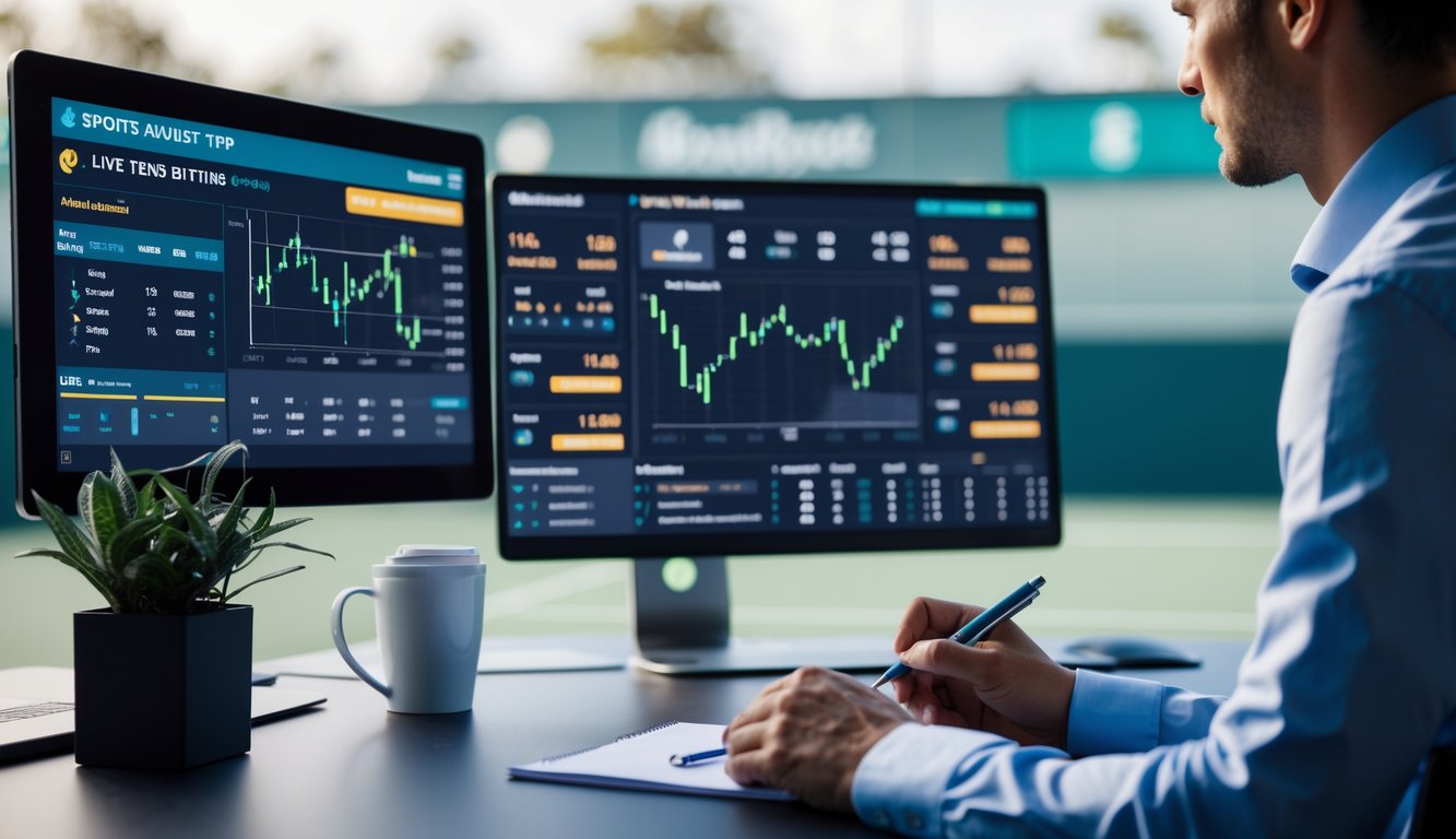 Seorang analis olahraga sedang memeriksa data pertandingan tenis langsung di meja kerja dengan beberapa layar komputer.