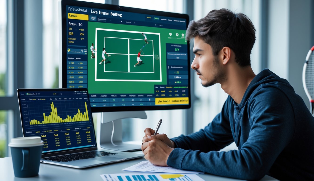 Seorang pria fokus menonton pertandingan tenis langsung di komputer dengan grafik dan catatan analisa di meja.