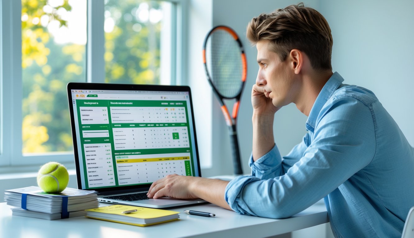 Seorang pria muda duduk di meja dengan laptop dan catatan, mempelajari statistik dan peluang taruhan tenis.
