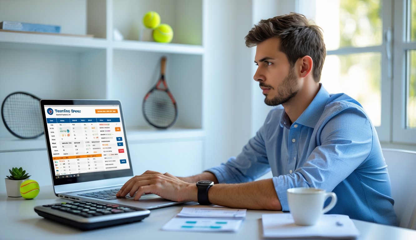Seorang pria muda duduk di meja dengan laptop dan alat tulis, menganalisis data taruhan tenis di ruang kerja rumah yang terang.