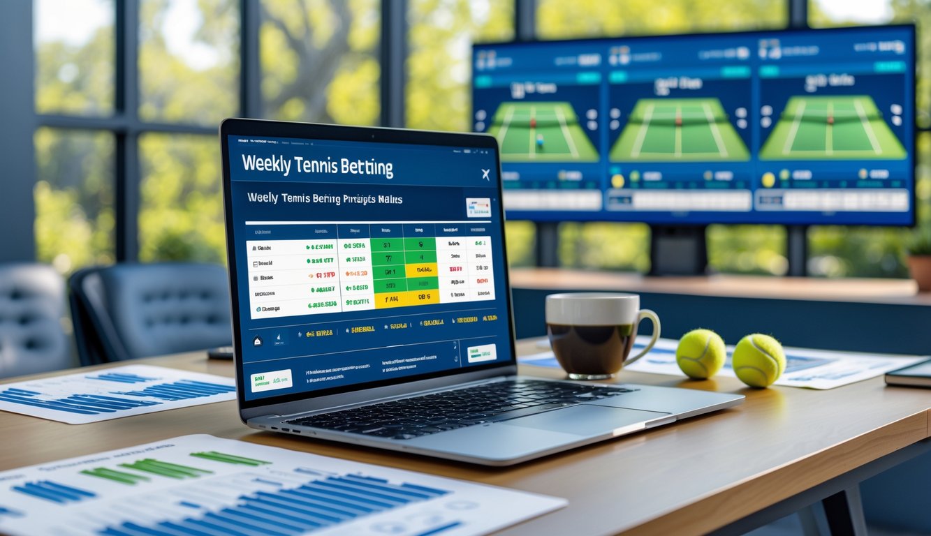 Meja kerja dengan laptop yang menampilkan statistik tenis, bola tenis, dan cangkir kopi di atasnya, latar belakang layar digital menunjukkan pertandingan tenis.