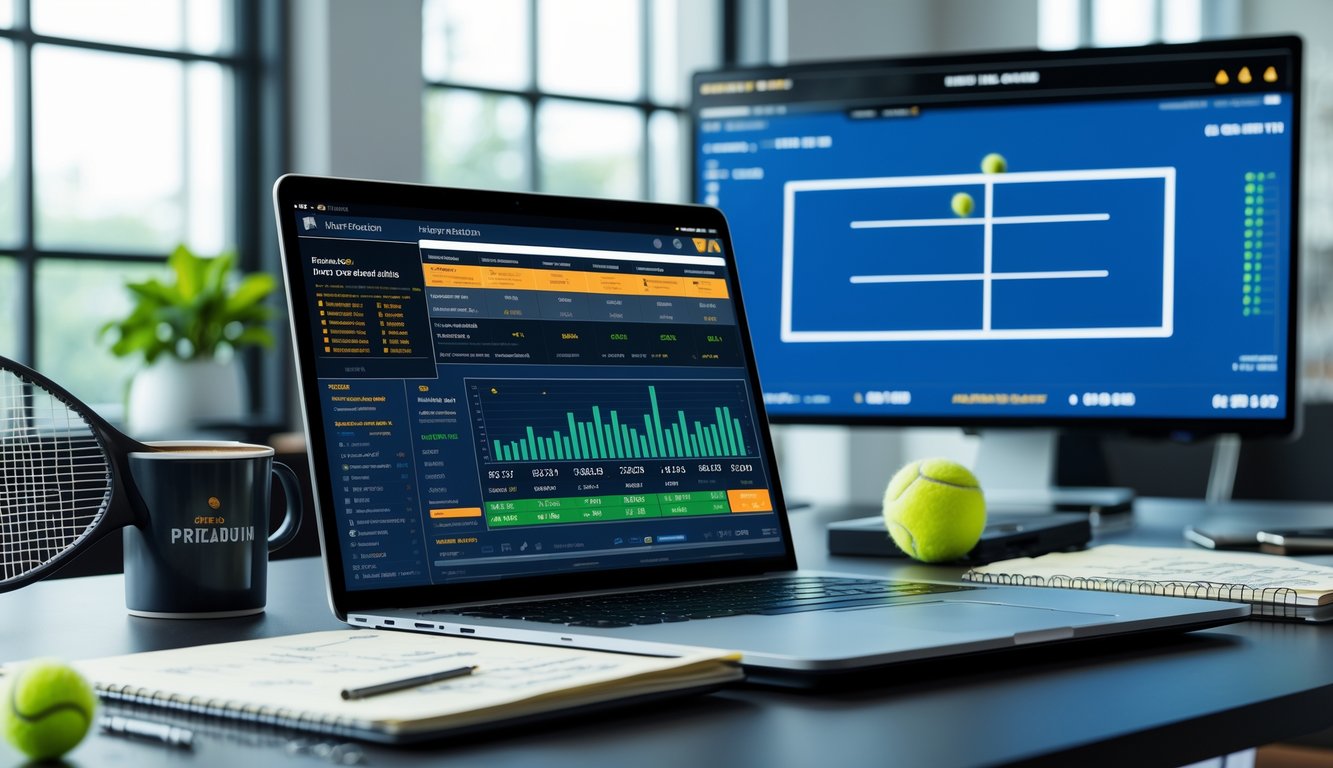 Meja kerja dengan laptop dan tablet yang menampilkan statistik tenis, grafik skor, dan catatan analisis taruhan tenis mingguan, dengan latar belakang layar besar yang menunjukkan grafik lapangan tenis.