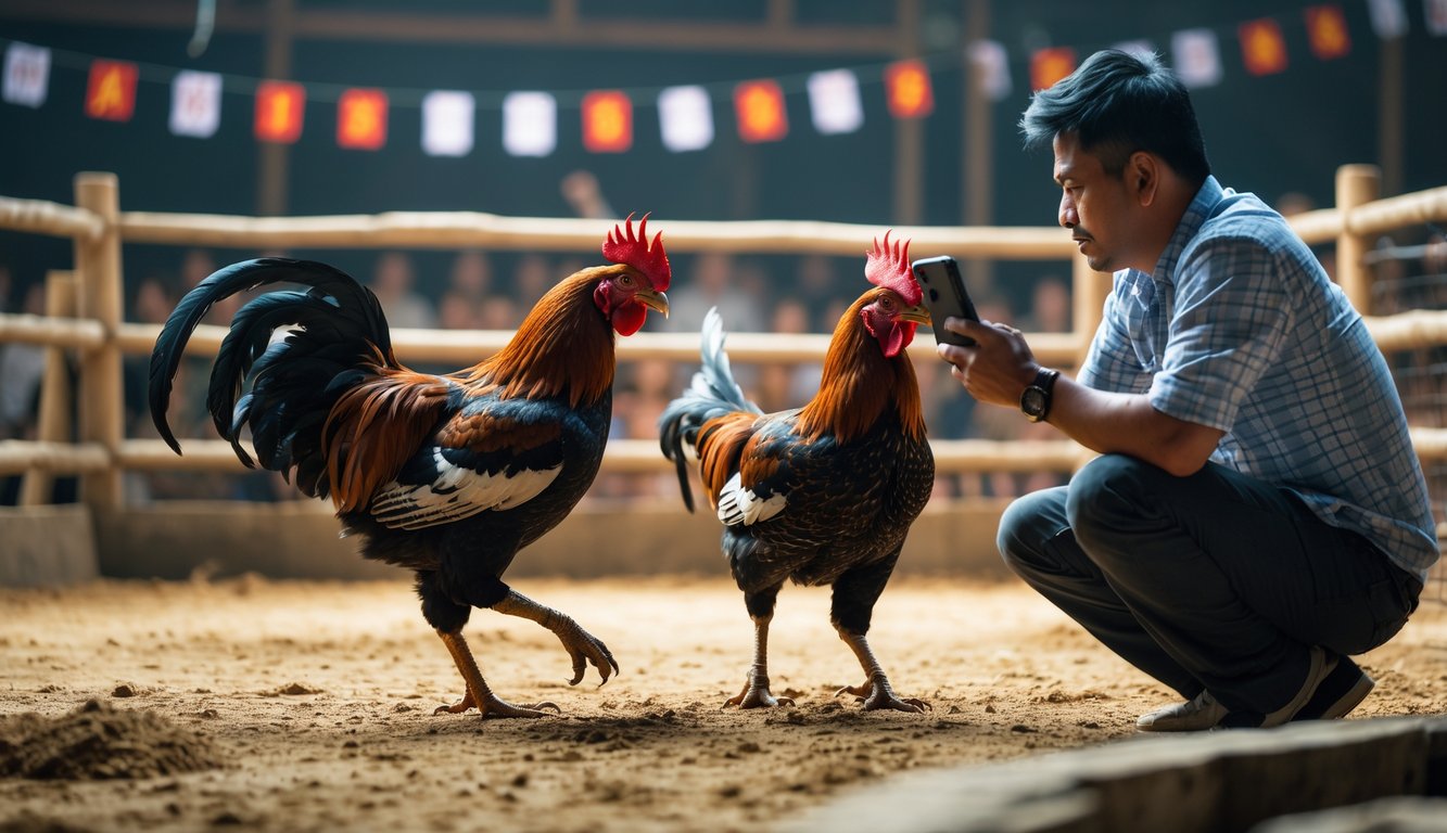 Dua ayam jago sedang bertarung di arena dengan seorang pria yang mengamati dengan serius di latar depan.
