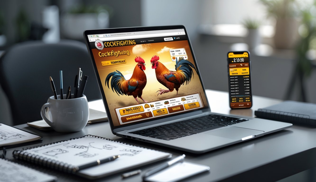 Seorang pria sedang menggunakan laptop dengan tampilan situs judi sabung ayam online di meja kerja yang rapi.