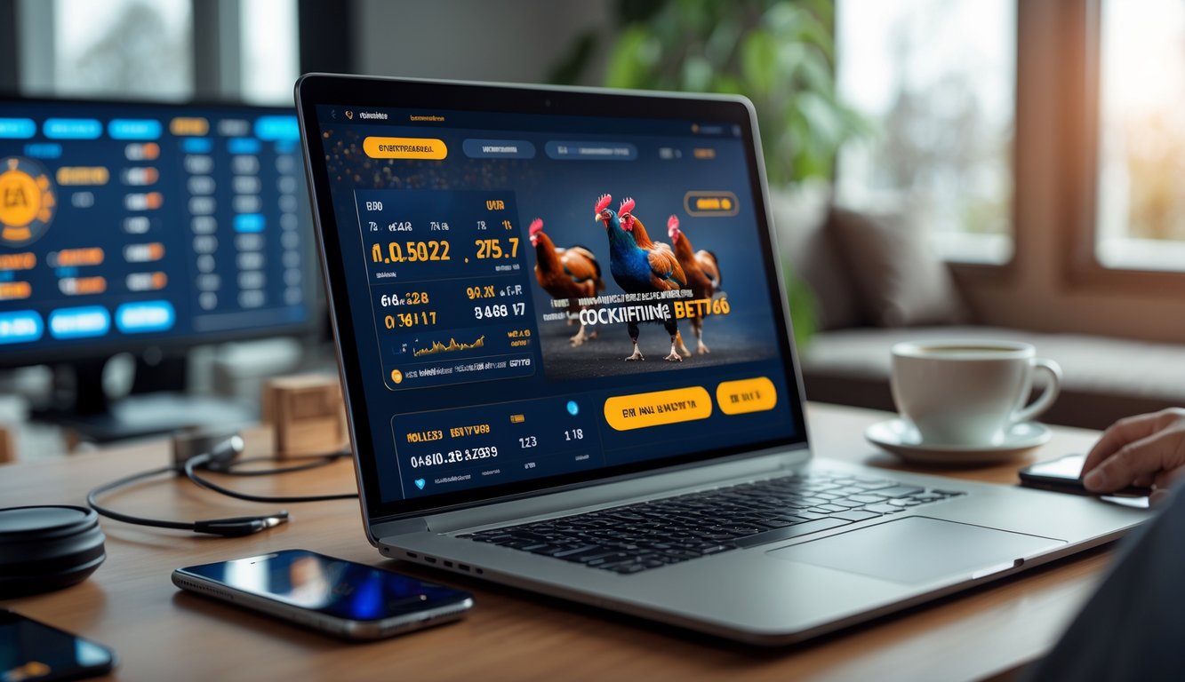 Seseorang menggunakan komputer di ruang kerja modern dengan tampilan situs judi sabung ayam online yang menunjukkan peluang menang tinggi.