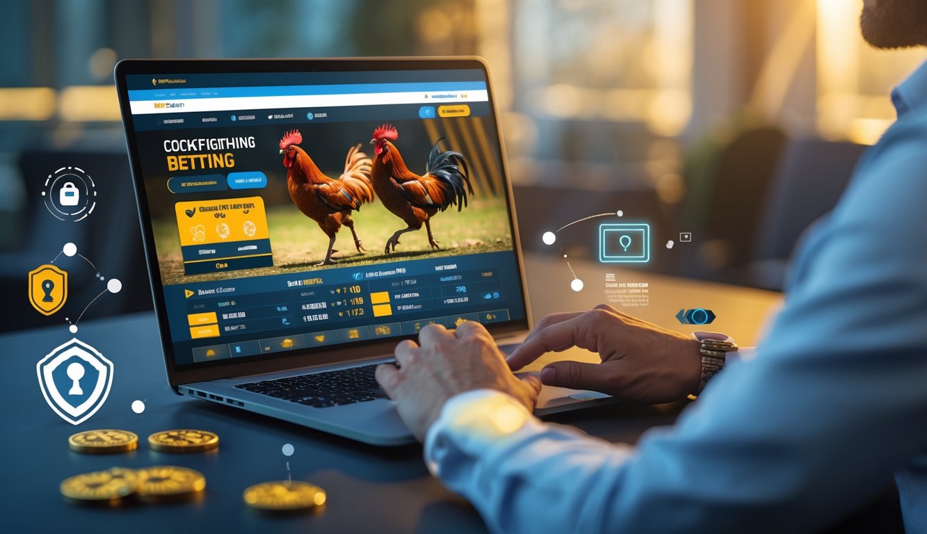 Seorang individu menggunakan laptop dengan tampilan situs judi sabung ayam online yang menampilkan pertandingan ayam dan opsi taruhan.